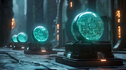 Wall Mural - Magical relic vault glowing orbs 3d render scene video game concept background illustration digital artwork. [Digital Relics] | Silicon Obelisk | etched logic. Illustration