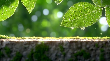 Wall Mural - Green Leaves with Water Drops on Mossy Stone