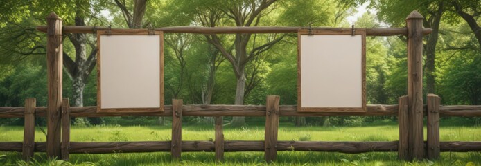 Wall Mural - Rustic wooden fence with hanging blank poster frame, vibrant green park backdrop,  advertising,  promotional