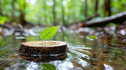 Wall Mural - Leaf Growing From Wood Stump in Water