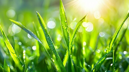Wall Mural - Lush Green Grass with Water Drops Under Sunlight