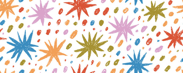 Poster - Colorful seamless pattern with funky crayon drawn stars and dots. Hand drawn childish cosmic vector background. Pencil drawn astrology seamless pattern, hand drawn abstract zodiac motif.