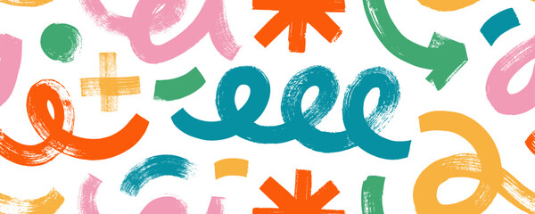 Poster - Naive playful seamless background with funky brush drawn shapes, squiggles and curly lines.