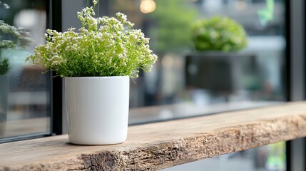 Plant in White Pot on Wooden Shelf