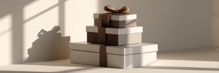 Poster - Stack of Minimal Boxes Tied With Ribbon Casting Clean Shadows in a Bright Room Setting