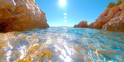 seawater sunlight rocky coastline clear blue sky