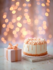 Aufkleber - Celebratory Birthday Cake and Gift Create a Joyful Atmosphere With Soft Bokeh Lights in the Background