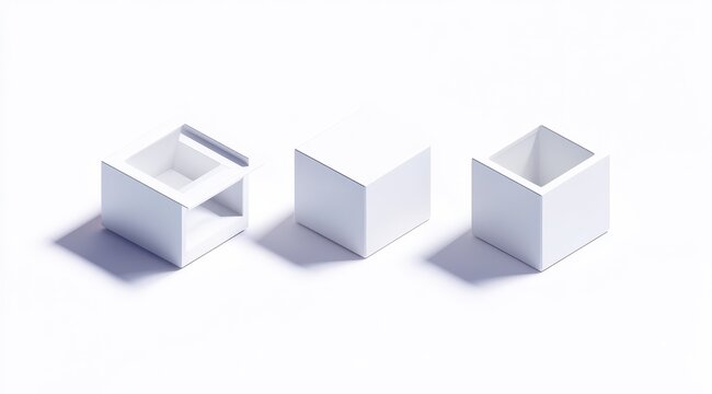 Three white cube variations, isometric view