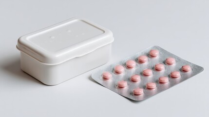 Poster - Medicine Box and Blister Pack of Pink Tablets on a Neutral Background Showcasing Healthcare and Medication Organization