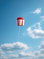 Aufkleber - Gift-shaped Balloon Ascends Into Blue Sky Filled With Fluffy Clouds, Creating a Joyful Atmosphere Perfect for Celebrations or Special Occasions