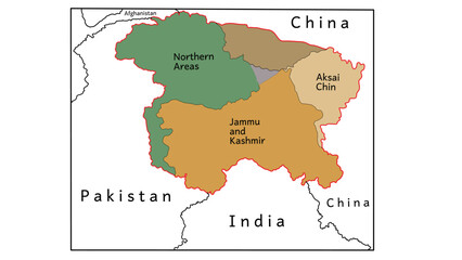  Map of Jammu and Kashmir. The disputed territory of Jammu and Kashmir, highlighting areas administered by India, Pakistan and China, including Aksai Chin and Northern Areas.