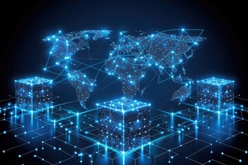 Fototapete - Global interconnectedness symbolized by glowing digital cubes and world map.
