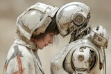 Futuristic Humanoid Robot and Person Sharing a Moment in a Dusty Environment