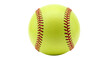 A close-up view of a bright yellow softball showcasing its detailed stitching, ideal for sports-related content