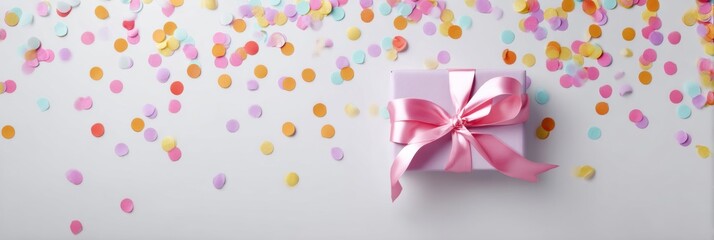 Poster - Brightly Colored Confetti Surrounds a Wrapped Present With a Bow on a White Surface, Perfect for Celebrations and Special Occasions