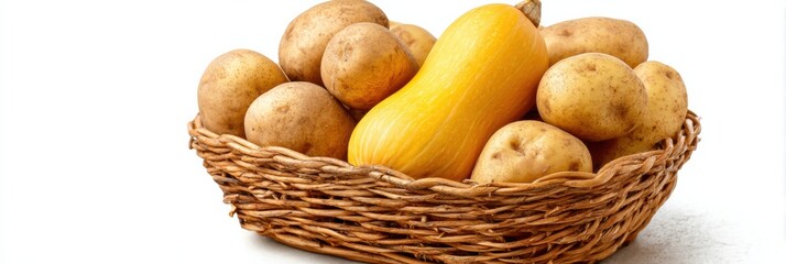 Poster - Butternut Squash and Potatoes in a Woven Basket Showcasing Fresh Harvest Produce With a Clean White Backdrop for Culinary Inspiration