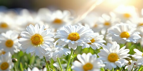 Wall Mural - White Daisies Blooming Sunlight Field