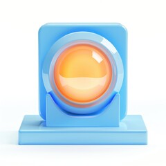 Poster - Light-emitting button in a light-blue square pedestal.