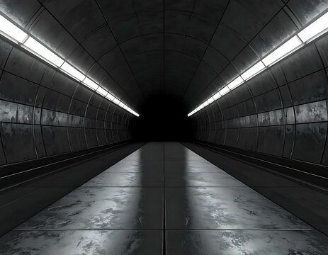 Dark Futuristic Tunnel Metal Walls, Lights, and Floor