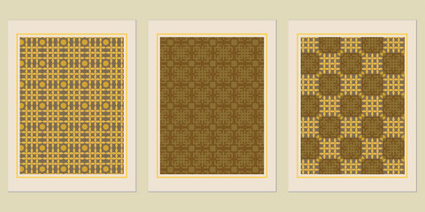 Poster - Earthy geometrical designs in brown and gold, presented as framed art prints for modern aesthetic room decor and classic design with repetitive motif