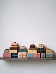 Aufkleber - Stack of Colorful Presents on a Minimal Shelf With Large Negative Space Above Creating a Festive Atmosphere for Celebrations