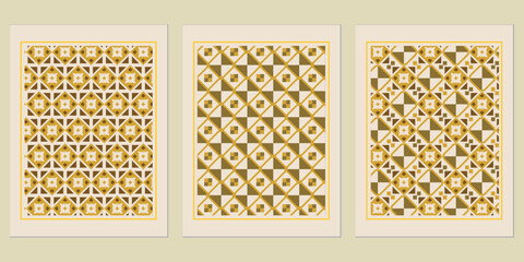 Poster - Geometric Elegance: Trio of Patterned Panels with Symmetrical Compositions and Warm Neutral Palettes, a Study in Decorative Minimalism