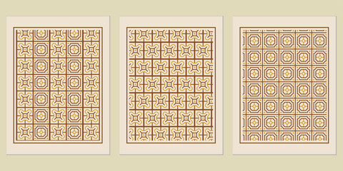 Poster - Three framed abstract geometric patterns with earthy tones, ideal for modern wall art or backgrounds, featuring complex tile-like ornamentation