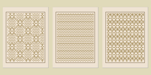 Poster - Elegant trio of geometric patterned art prints showcasing refined vintage aesthetics and harmonic repeating designs for timeless home decor