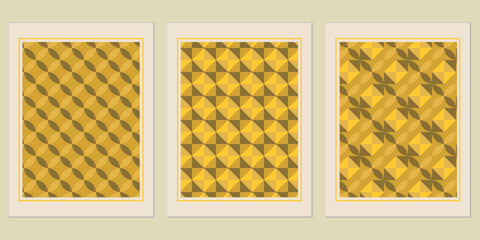 Poster - Harmonious trio of retro patterned art prints featuring geometric shapes in warm golden tones enhancing interior aesthetics and creating a visually engaging gallery wall arrangement