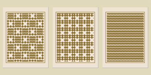 Poster - Set of three framed geometric prints, showcasing intricate patterns in earthy tones, perfect for adding a touch of modern minimalist design to any interior space