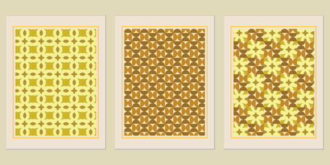 Poster - Geometric Rhythm: A Triptych of Retro Patterns in Earthy Hues, evoking a sense of vintage style and timeless design with seamless tiled elements