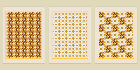 Poster - Sophisticated set of three geometrical abstract art prints featuring retro, modern inspired earth tones and intricate repeating circular patterns on framed canvas