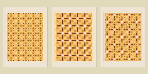 Poster - Geometric harmony in vintage hues: A triptych of framed patterned illustrations radiating retro elegance and abstract precision ideal for gallery walls