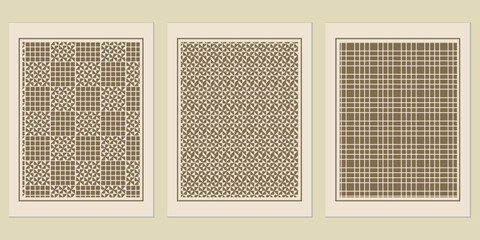 Poster - Three abstract decorative geometric posters featuring intricate checkered patterns and retro aesthetic, evoking a sense of vintage art and rhythmic mosaic design