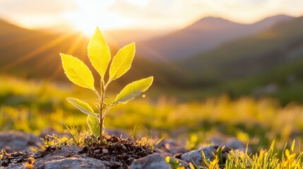 Wall Mural - Young Plant Growing in Sunlight at Sunset