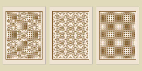 Poster - Set of framed geometric pattern designs, showcasing intricate layouts and balanced color palettes for interior decoration projects