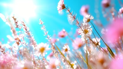 Wall Mural - A beautiful cosmos flower field bathed in bright sunlight against a clear blue sky evoking a sense of tranquility joy and the beauty of nature