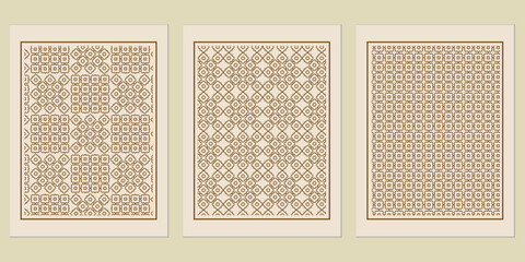 Poster - Set of geometrical seamless ornamental patterns in frames for textile, decoration and backgrounds presents a vintage, intricate design on a cream backdrop