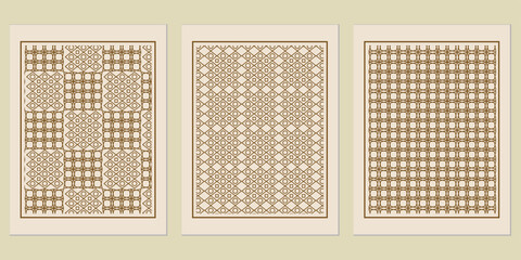 Poster - Geometric symphony in earthen tones: a triptych of intricately patterned abstract designs with retro flair evoking warmth and understated elegance