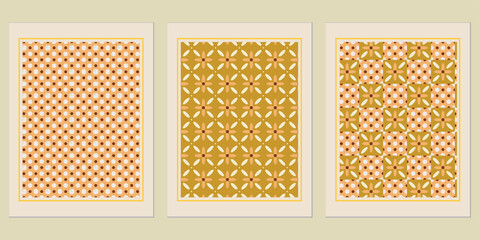 Poster - Harmonious trio of patterned wall art, featuring vintage geometric and floral motifs in warm earthy color palettes, evokes retro aesthetics