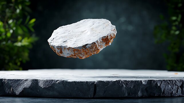 Abstract White Stone Sculpture Floating Over Dark Surface