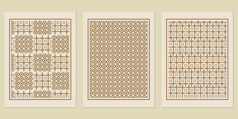 Poster - Elegant collection of three decorative panels showcasing intricate geometric patterns and minimalist color palettes for interior design and artistic applications