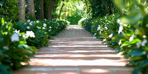 Wall Mural - A brick pathway winding through a vibrant garden filled with lush greenery and blooming white flowers bathed in the warm glow of sunlight