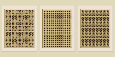 Poster - Contemporary triptych featuring geometric woven patterns in earth tones, evoking handcrafted textile art and refined interior aesthetics with a retro touch