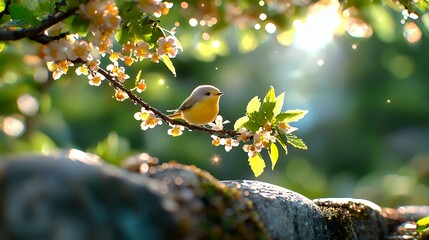 Wall Mural - A charming yellow bird perched on a blossoming branch with soft sunlight filtering through leaves creating a serene peaceful scene in nature during the spring and summer