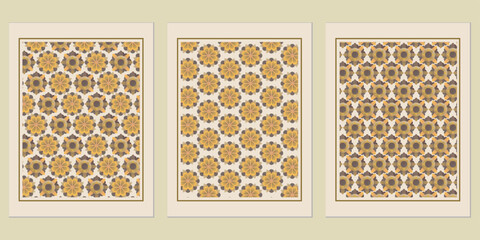 Poster - Collection of stylized floral framed prints featuring warm color palette and geometric, symmetrical pattern, elegant decoration, art