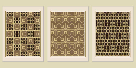 Poster - Elegant set of three geometric patterns evokes understated sophistication with its repeated brown and beige shapes artfully arranged in symmetrical designs