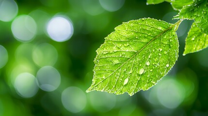 Wall Mural - A close up view of a lush green leaf glistening with water droplets in a natural setting