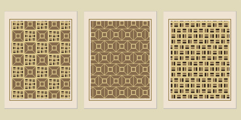 Poster - Geometric Harmony: A Tricolor Set of Framed Square and Rectangle Pattern Artworks for Refined Interior Decor and Aesthetic Room Accents