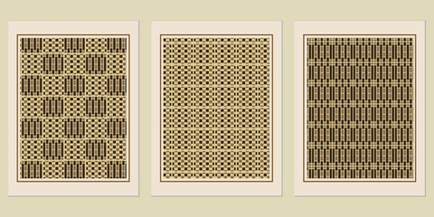 Poster - Triptych of framed geometric patterns with textural woven effect, showcasing an artistic interplay of contrasting squares and rectangles, a modern wall art for interior design